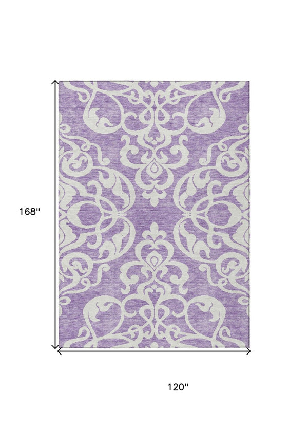 HomeRoots 5' Elegant Purple and Ivory Damask Area Rug - Durable, Washable Design for Indoor & Outdoor Spaces 10' X 14' 614454