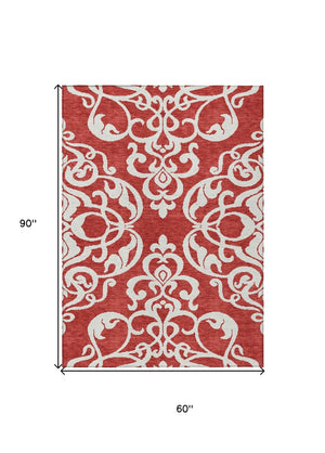 HomeRoots 5' Red and Ivory Damask Area Rug – Stylish, Durable, Washable Indoor-Outdoor Design for Every Space 5' X 8' 614456