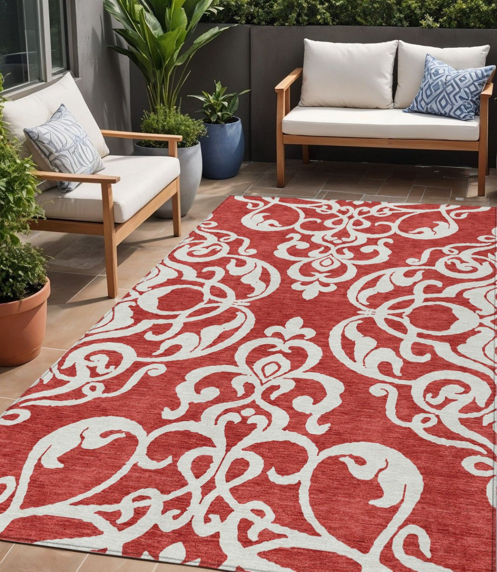 HomeRoots 5' Red and Ivory Damask Area Rug – Stylish, Durable, Washable Indoor-Outdoor Design for Every Space 5' X 8' 614456