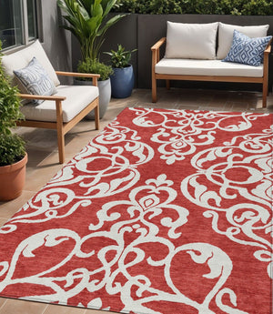 HomeRoots 5' Red and Ivory Damask Area Rug – Stylish, Durable, Washable Indoor-Outdoor Design for Every Space 5' X 8' 614456