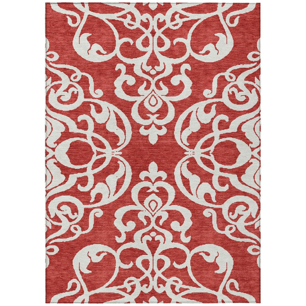 HomeRoots 5' Red and Ivory Damask Area Rug – Stylish, Durable, Washable Indoor-Outdoor Design for Every Space 5' X 8' 614456