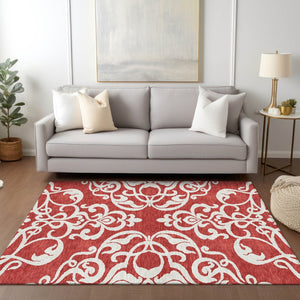 HomeRoots 5' Red and Ivory Damask Area Rug – Stylish, Durable, Washable Indoor-Outdoor Design for Every Space 5' X 8' 614456