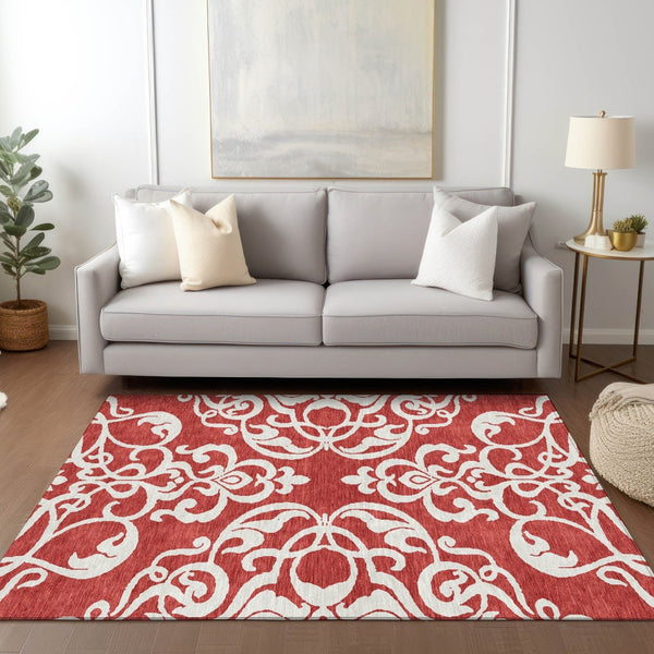 HomeRoots 5' Red and Ivory Damask Area Rug – Stylish, Durable, Washable Indoor-Outdoor Design for Every Space 5' X 8' 614456
