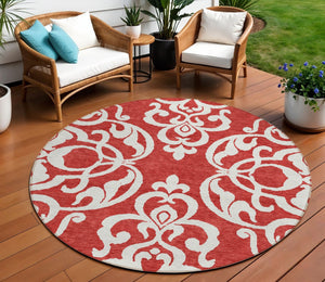 HomeRoots 5' Red and Ivory Damask Area Rug – Stylish, Durable, Washable Indoor-Outdoor Design for Every Space 8' Round 614457