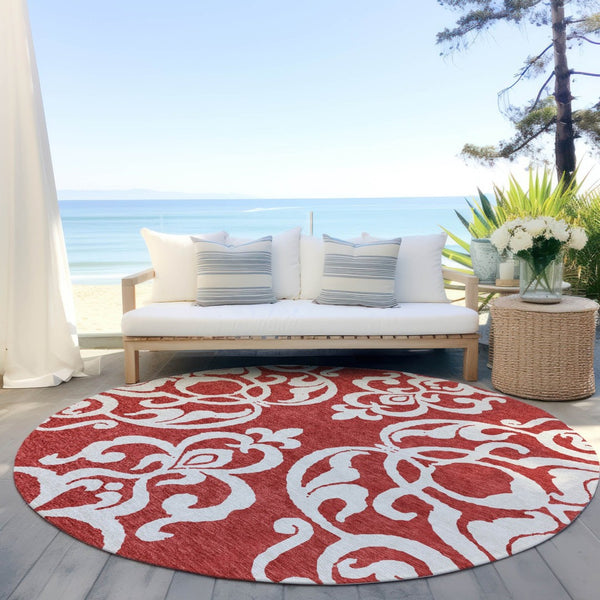 HomeRoots 5' Red and Ivory Damask Area Rug – Stylish, Durable, Washable Indoor-Outdoor Design for Every Space 8' Round 614457