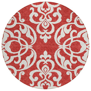 HomeRoots 5' Red and Ivory Damask Area Rug – Stylish, Durable, Washable Indoor-Outdoor Design for Every Space 8' Round 614457