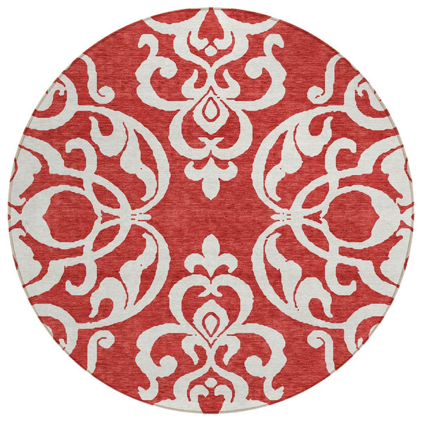 HomeRoots 5' Red and Ivory Damask Area Rug – Stylish, Durable, Washable Indoor-Outdoor Design for Every Space 8' Round 614457
