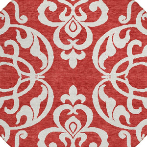 HomeRoots 5' Red and Ivory Damask Area Rug – Stylish, Durable, Washable Indoor-Outdoor Design for Every Space 8' Round 614457