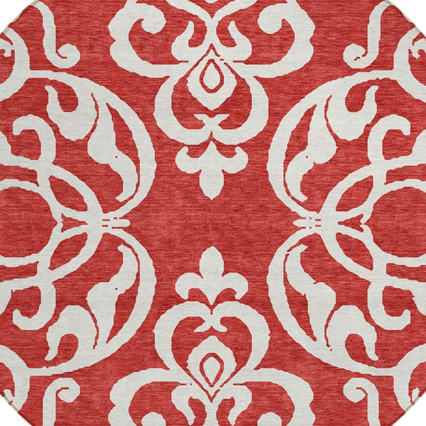 HomeRoots 5' Red and Ivory Damask Area Rug – Stylish, Durable, Washable Indoor-Outdoor Design for Every Space 8' Round 614457