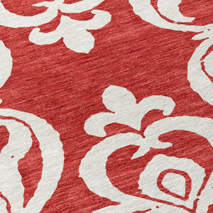 HomeRoots 5' Red and Ivory Damask Area Rug – Stylish, Durable, Washable Indoor-Outdoor Design for Every Space 8' Round 614457