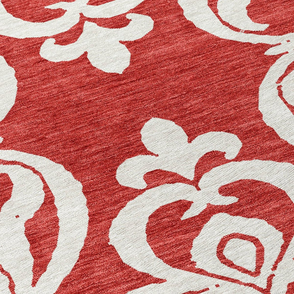 HomeRoots 5' Red and Ivory Damask Area Rug – Stylish, Durable, Washable Indoor-Outdoor Design for Every Space 8' Round 614457