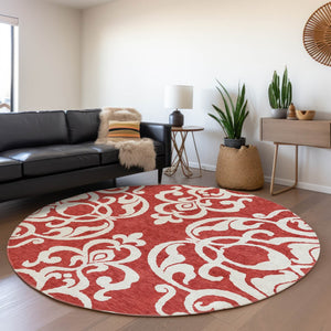 HomeRoots 5' Red and Ivory Damask Area Rug – Stylish, Durable, Washable Indoor-Outdoor Design for Every Space 8' Round 614457