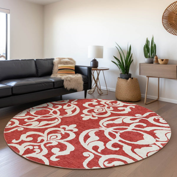 HomeRoots 5' Red and Ivory Damask Area Rug – Stylish, Durable, Washable Indoor-Outdoor Design for Every Space 8' Round 614457