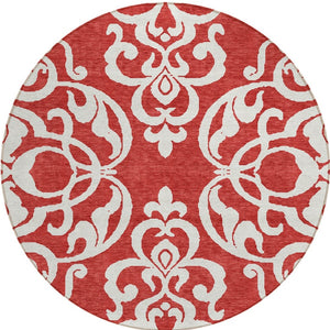 HomeRoots 5' Red and Ivory Damask Area Rug – Stylish, Durable, Washable Indoor-Outdoor Design for Every Space 8' Round 614457
