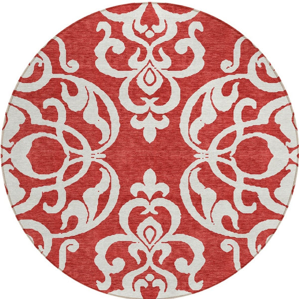 HomeRoots 5' Red and Ivory Damask Area Rug – Stylish, Durable, Washable Indoor-Outdoor Design for Every Space 8' Round 614457