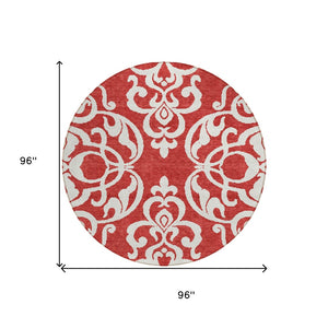 HomeRoots 5' Red and Ivory Damask Area Rug – Stylish, Durable, Washable Indoor-Outdoor Design for Every Space 8' Round 614457
