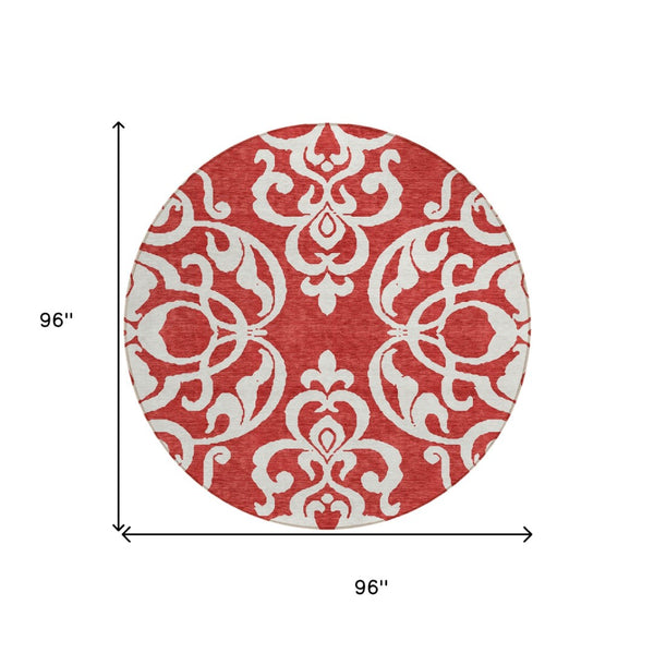 HomeRoots 5' Red and Ivory Damask Area Rug – Stylish, Durable, Washable Indoor-Outdoor Design for Every Space 8' Round 614457