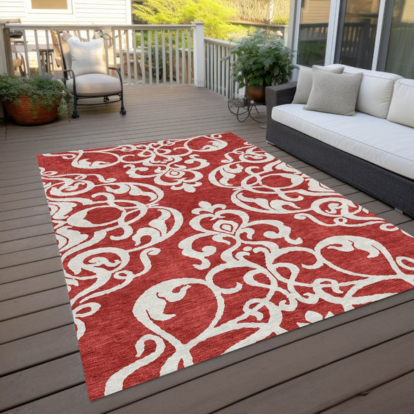 HomeRoots 5' Red and Ivory Damask Area Rug – Stylish, Durable, Washable Indoor-Outdoor Design for Every Space 8' X 10' 614458