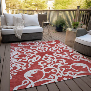 HomeRoots 5' Red and Ivory Damask Area Rug – Stylish, Durable, Washable Indoor-Outdoor Design for Every Space 8' X 10' 614458