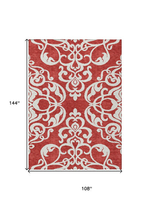 HomeRoots 5' Red and Ivory Damask Area Rug – Stylish, Durable, Washable Indoor-Outdoor Design for Every Space 9' X 12' 614459
