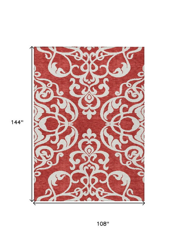 HomeRoots 5' Red and Ivory Damask Area Rug – Stylish, Durable, Washable Indoor-Outdoor Design for Every Space 9' X 12' 614459