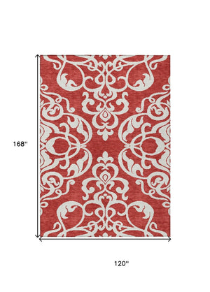 HomeRoots 5' Red and Ivory Damask Area Rug – Stylish, Durable, Washable Indoor-Outdoor Design for Every Space 10' X 14' 614460