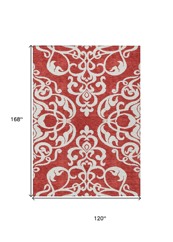 HomeRoots 5' Red and Ivory Damask Area Rug – Stylish, Durable, Washable Indoor-Outdoor Design for Every Space 10' X 14' 614460