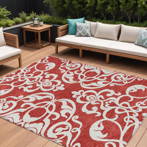 HomeRoots 5' Red and Ivory Damask Area Rug – Stylish, Durable, Washable Indoor-Outdoor Design for Every Space 10' X 14' 614460