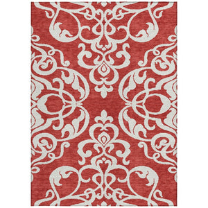 HomeRoots 5' Red and Ivory Damask Area Rug – Stylish, Durable, Washable Indoor-Outdoor Design for Every Space 10' X 14' 614460