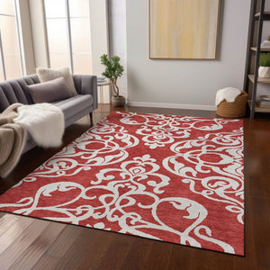 HomeRoots 5' Red and Ivory Damask Area Rug – Stylish, Durable, Washable Indoor-Outdoor Design for Every Space 10' X 14' 614460