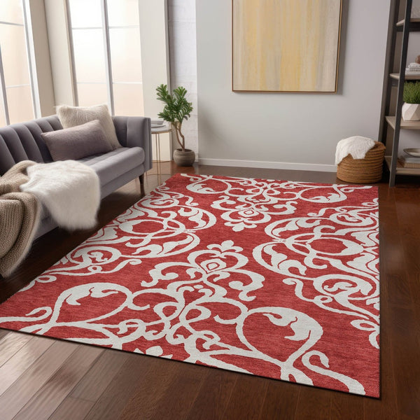 HomeRoots 5' Red and Ivory Damask Area Rug – Stylish, Durable, Washable Indoor-Outdoor Design for Every Space 10' X 14' 614460