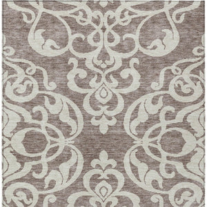 HomeRoots 5' Elegant Taupe and Ivory Damask Area Rug - Washable, Stain-Resistant, Indoor/Outdoor Style 5' X 8' 614462