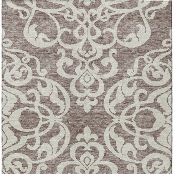 HomeRoots 5' Elegant Taupe and Ivory Damask Area Rug - Washable, Stain-Resistant, Indoor/Outdoor Style 5' X 8' 614462