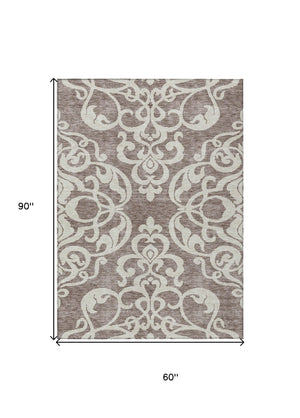 HomeRoots 5' Elegant Taupe and Ivory Damask Area Rug - Washable, Stain-Resistant, Indoor/Outdoor Style 5' X 8' 614462