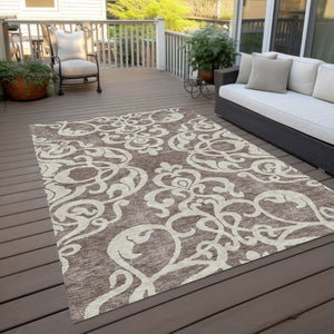 HomeRoots 5' Elegant Taupe and Ivory Damask Area Rug - Washable, Stain-Resistant, Indoor/Outdoor Style 5' X 8' 614462
