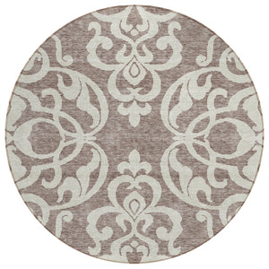 HomeRoots 5' Elegant Taupe and Ivory Damask Area Rug - Washable, Stain-Resistant, Indoor/Outdoor Style 8' Round 614463
