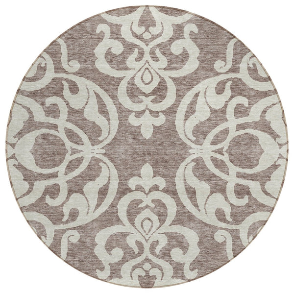 HomeRoots 5' Elegant Taupe and Ivory Damask Area Rug - Washable, Stain-Resistant, Indoor/Outdoor Style 8' Round 614463