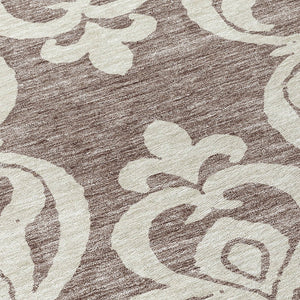 HomeRoots 5' Elegant Taupe and Ivory Damask Area Rug - Washable, Stain-Resistant, Indoor/Outdoor Style 8' Round 614463
