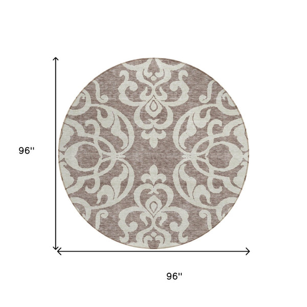 HomeRoots 5' Elegant Taupe and Ivory Damask Area Rug - Washable, Stain-Resistant, Indoor/Outdoor Style 8' Round 614463