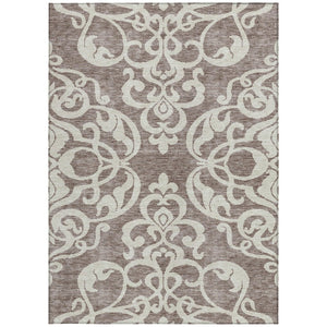 HomeRoots 5' Elegant Taupe and Ivory Damask Area Rug - Washable, Stain-Resistant, Indoor/Outdoor Style 8' X 10' 614464