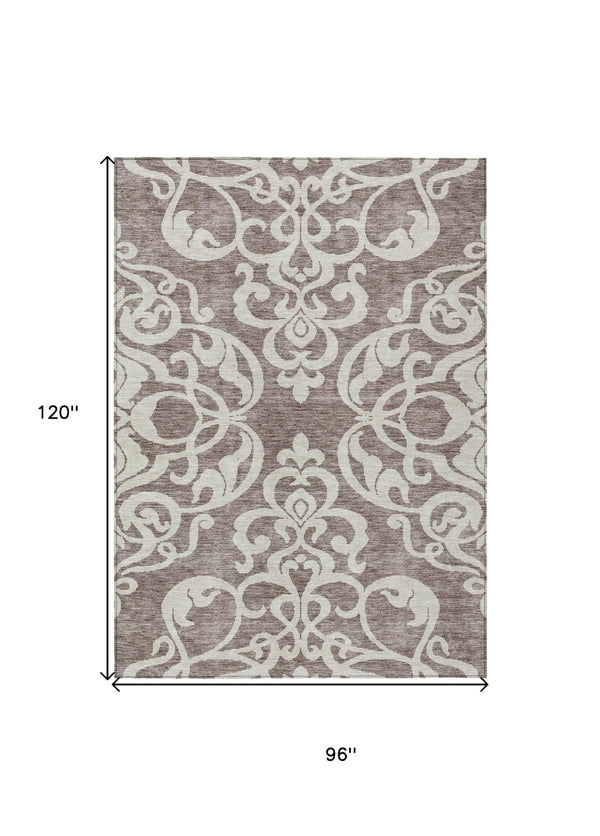 HomeRoots 5' Elegant Taupe and Ivory Damask Area Rug - Washable, Stain-Resistant, Indoor/Outdoor Style 8' X 10' 614464