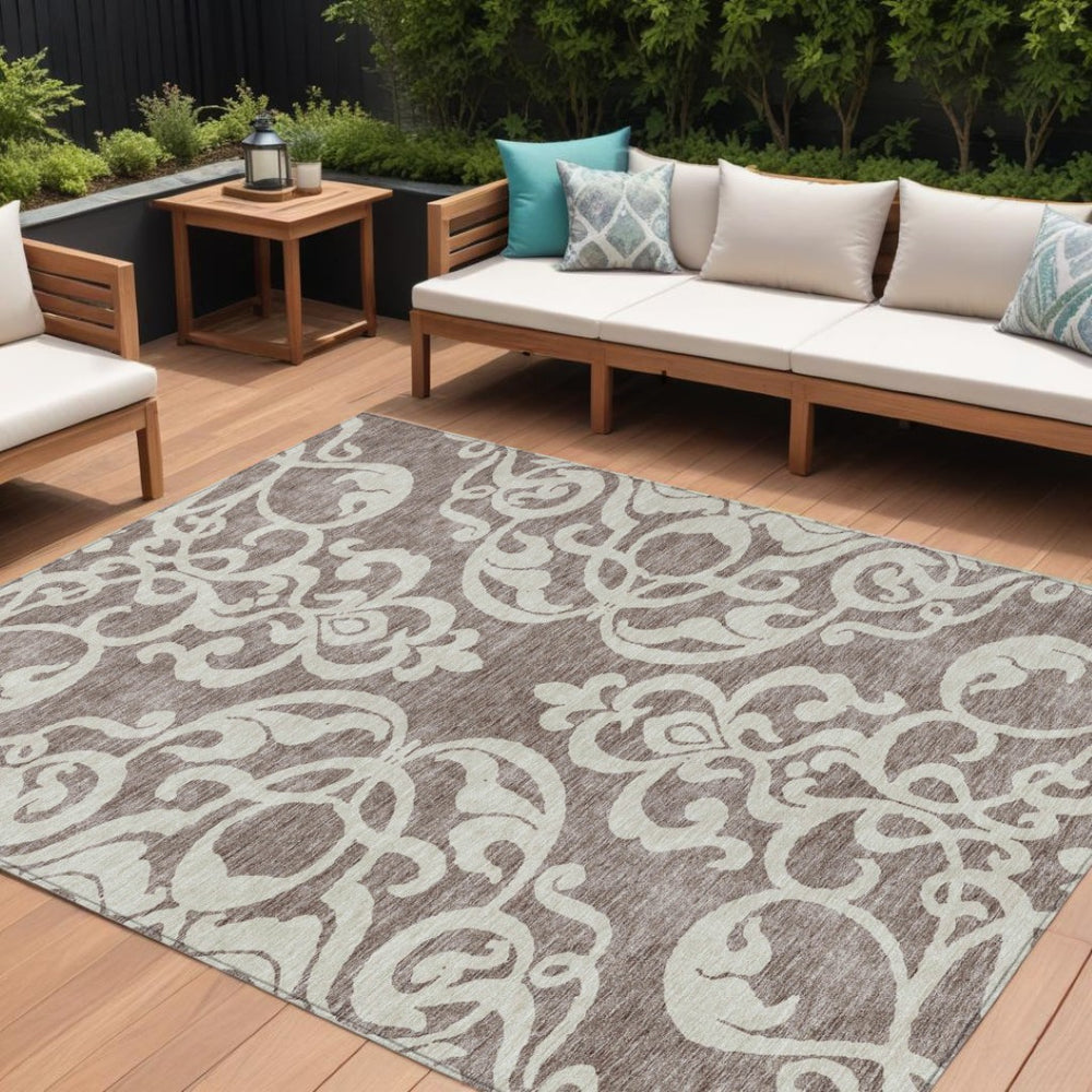 HomeRoots 5' Elegant Taupe and Ivory Damask Area Rug - Washable, Stain-Resistant, Indoor/Outdoor Style 8' X 10' 614464