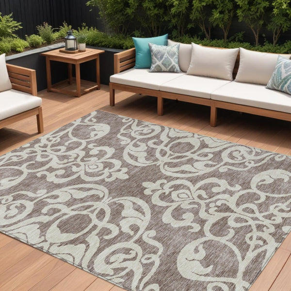 HomeRoots 5' Elegant Taupe and Ivory Damask Area Rug - Washable, Stain-Resistant, Indoor/Outdoor Style 8' X 10' 614464