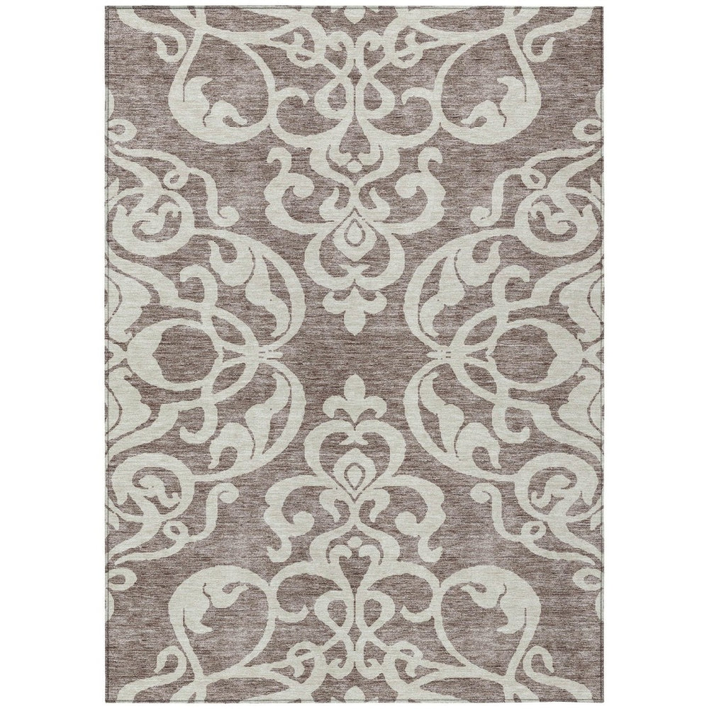 HomeRoots 5' Elegant Taupe and Ivory Damask Area Rug - Washable, Stain-Resistant, Indoor/Outdoor Style 8' X 10' 614464