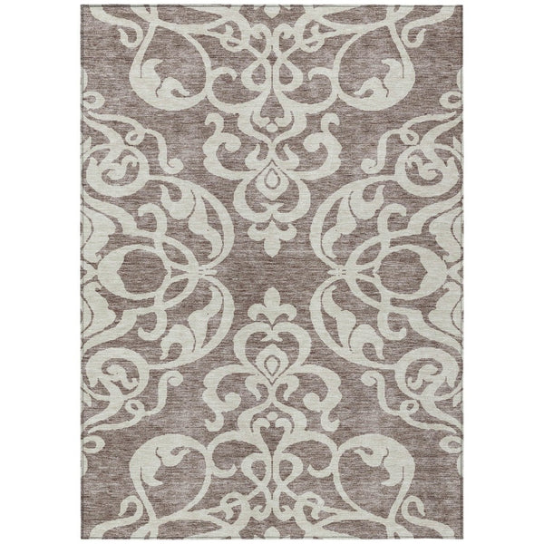 HomeRoots 5' Elegant Taupe and Ivory Damask Area Rug - Washable, Stain-Resistant, Indoor/Outdoor Style 8' X 10' 614464