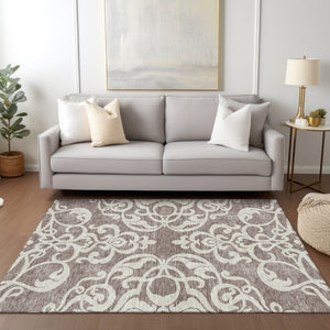HomeRoots 5' Elegant Taupe and Ivory Damask Area Rug - Washable, Stain-Resistant, Indoor/Outdoor Style 8' X 10' 614464