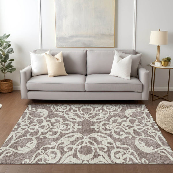 HomeRoots 5' Elegant Taupe and Ivory Damask Area Rug - Washable, Stain-Resistant, Indoor/Outdoor Style 8' X 10' 614464