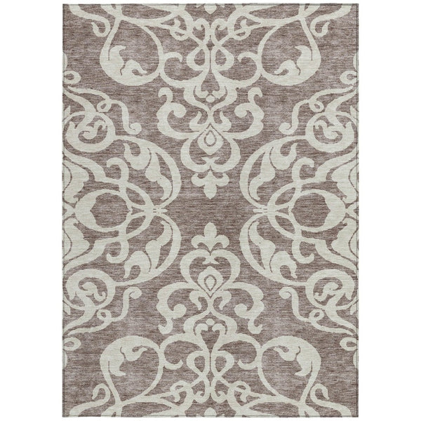 HomeRoots 5' Elegant Taupe and Ivory Damask Area Rug - Washable, Stain-Resistant, Indoor/Outdoor Style 9' X 12' 614465