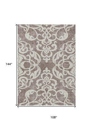 HomeRoots 5' Elegant Taupe and Ivory Damask Area Rug - Washable, Stain-Resistant, Indoor/Outdoor Style 9' X 12' 614465