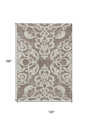 HomeRoots 5' Elegant Taupe and Ivory Damask Area Rug - Washable, Stain-Resistant, Indoor/Outdoor Style 10' X 14' 614466